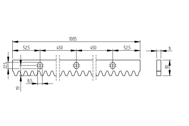 Preview: Stahlzahnstange mit Bohrungen Zn, 30x12mm, L1m,max
