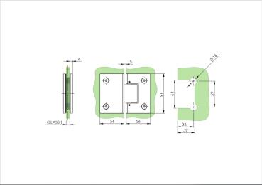 Glastürscharnier +/- 90° - Montage Glas/Glas flex