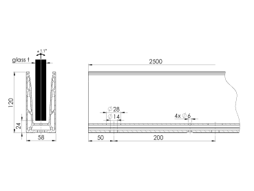 Preview: Aluprofil für Ganzglasgeländer - Oberverankerung