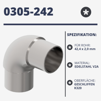 Edelstahl Rundbogen Rohrverbinder 90 Grad - für Rohr  Ø 42,4 x 2,0mm geschliffen K320