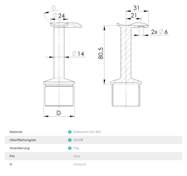 Preview: Handlaufstütze 90° für Pfosten 42,4 x 2,0 Rohrhalter Handlauf Ecke 42,4 mm, V2A, matt gebürstet