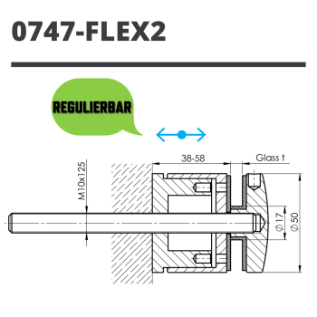 Preview: Edelstahl Punkthalter Ø50mm Glas 8-17,52mm Glashalter Flach M10x125mm Flex V2A A/0747-FLEX2