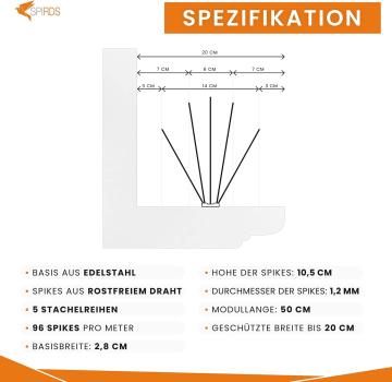 SPIRDS 10m (20x50 cm) Balkon-Taubenabwehr, Vogelabwehr zum Schutz von Blumenkasten Fensterbank, Taubenabwehr-Spikes 5-Reihig Rostfreier Stahl