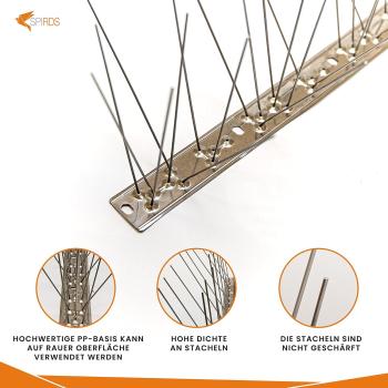 SPIRDS 10m (20x50 cm) Balkon-Taubenabwehr, Vogelabwehr zum Schutz von Blumenkasten Fensterbank, Taubenabwehr-Spikes 5-Reihig Rostfreier Stahl