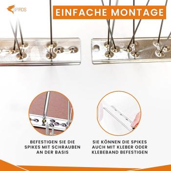 SPIRDS 10m (20x50 cm) Balkon-Taubenabwehr, Vogelabwehr zum Schutz von Blumenkasten Fensterbank, Taubenabwehr-Spikes 5-Reihig Rostfreier Stahl