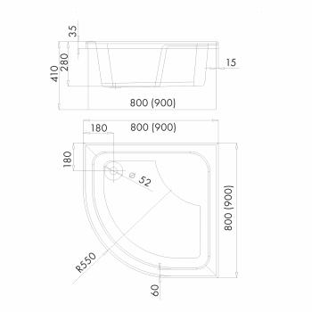 Duschtasse Acrylwanne mit EPS Träger Standard Duschwanne Quadrat Viertelkreis Bau-Höhe 41cm