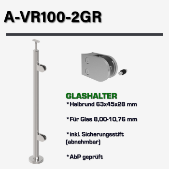 Geländerpfosten RECHTS Endpfosten Ø42,4 Bauhöhe 1000mm mit Glasklemmen 63x45mm Geländer V2A geschliffen K320 Edelstahl