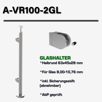 Geländerpfosten LINKS Endpfosten Ø42,4 Bauhöhe 1000mm mit Glasklemmen 63x45mm Geländer V2A geschliffen K320 Edelstahl