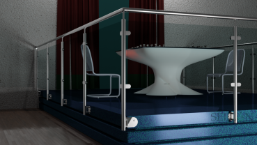 Preview: Glasgeländer vorgesetzt Edelstahl Geländer Konfigurator Komplett Wandmontage Treppen Balkongeländer Glasklemmen Balkon V2A