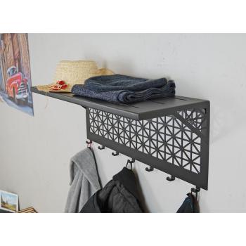 Kleiderhaken Garderobenleiste Hakenleiste Schwarz mit Ablage - 70 cm - aus Metall, für Eingang, Flur, Schlafzimmer, Flurgarderobe mit 7 Haken / W-4
