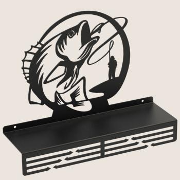 Preview: Medaillenhalter Medaillenaufhänger FISCH Metall mit Regal SCHWARZ Wandmontage Geschenk / ANGLER