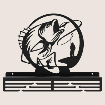 Preview: Medaillenhalter Medaillenaufhänger FISCH Metall mit Regal SCHWARZ Wandmontage Geschenk / ANGLER