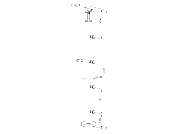 Pfosten, Buche, AISI304+BEECH, D50/4xd12mm, H900m