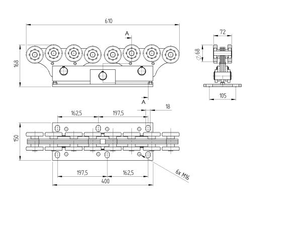 16-rädriger Laufwagen für selbsttragenden Tor Zn,