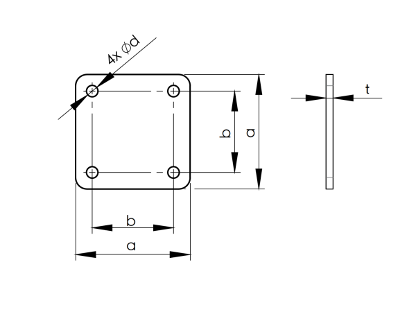 Verankerungsplatte für Pfosten an Mauer 100x100, t8, 4xd10mm