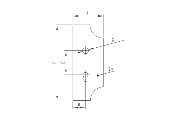 Schlossplatte – rechts 285x112, t2,5 d20mm, 90mm