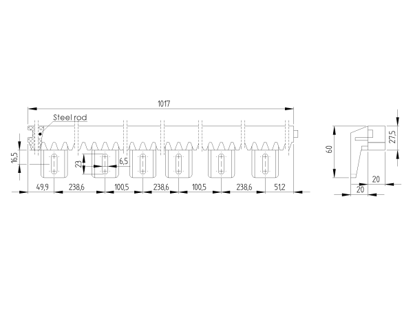 Kunststoffzahnstage mit Stahlkern PVC+Fe,27x20mm,L