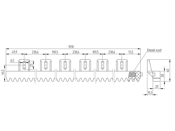 Kunststoffzahnstage mit Stahlkern PVC+Fe,27x18mm,L