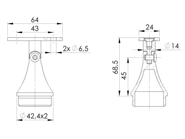 Handlaufhalter konische Form AISI304, 40x40x2/d42,