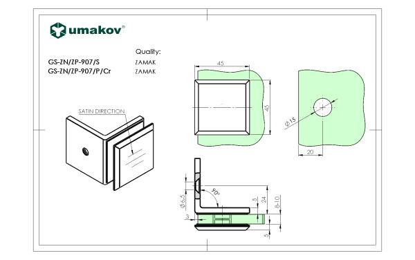 Glashalter, Zamak, 90°, T 8-10 mm