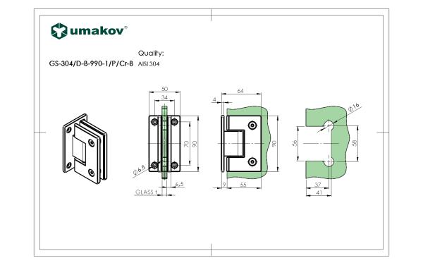 Glastürscharnier  +/- 90° - Montage Glas/Wand AISI