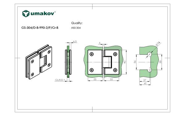 Glastürscharnier +/- 90° - Montage Glas/Glas AISI3