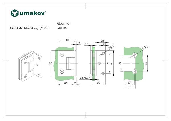 Glastürscharnier +/- 90° - Montage Glas/Glas AISI3