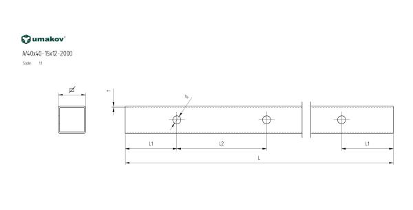 Edelstahlrohr AISI304, 40x40x2/15xd12,5/L1980