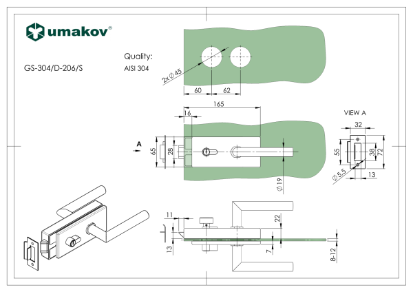 Schloss für Glastür AISI304 + PZ schloss PZ
