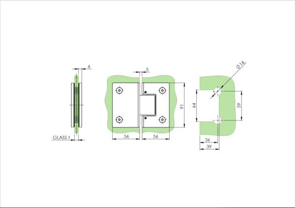 Glastürscharnier +/- 90° - Montage Glas/Glas flex