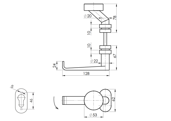 Türdrücker Edelstahl AISI 304, K320, L135mm
