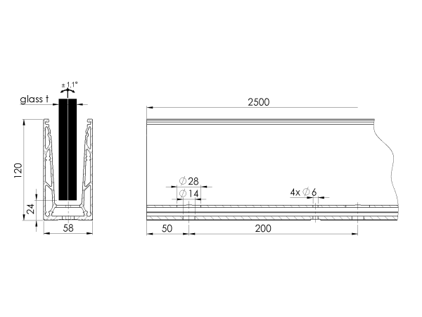 Aluprofil für Ganzglasgeländer - Oberverankerung