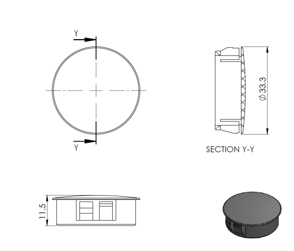 Endkappe für ALU profile - schwarz, PVC, D33mm