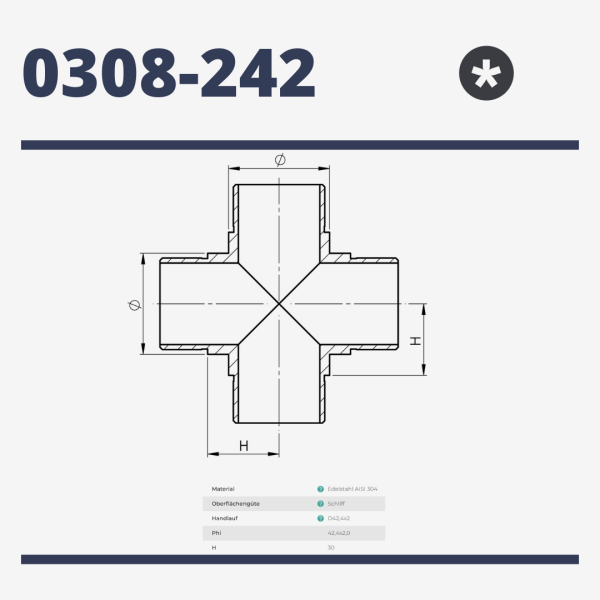 Kreuzverbinder - für Rohr 42,4 x 2,0 mm - V2A matt gebürstet