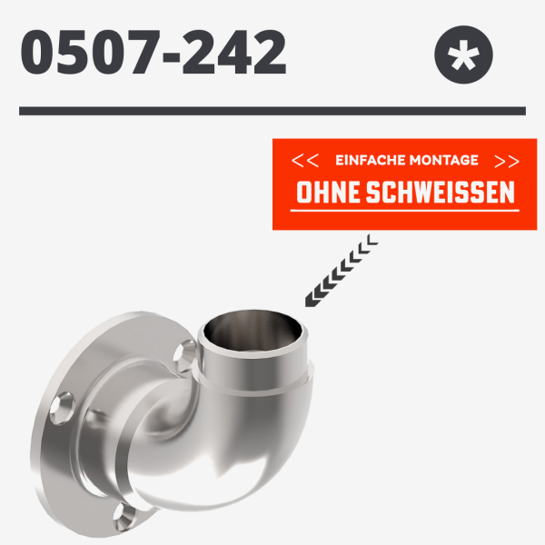 Wandanker Ø 85 mm gebogen Wandflansch für 42,4 x 2,0 mm, V2A matt gebürstet