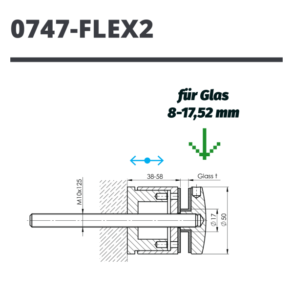 Edelstahl Punkthalter Ø50mm Glas 8-17,52mm Glashalter Flach M10x125mm Flex V2A A/0747-FLEX2