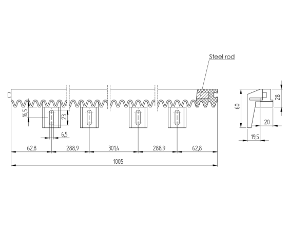 Kunststoffzahnstage mit Stahlkern, PVC+Fe,light,27