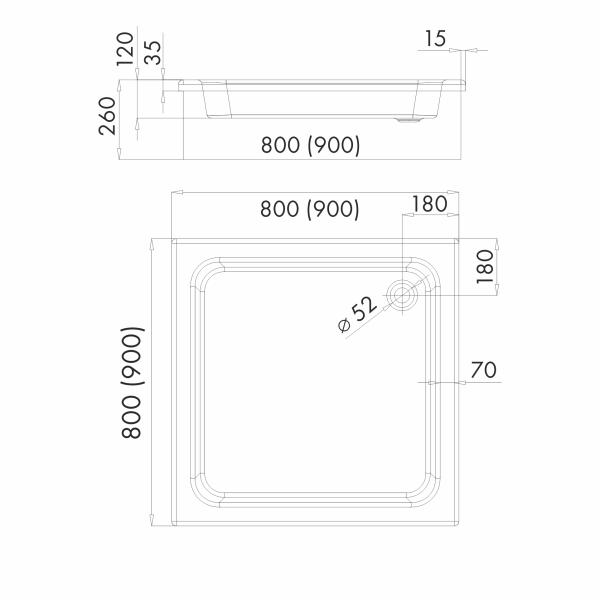 Acryl-Duschwanne integriert mit stabilisierendem und schalldämmendem Unterbau Stabilsound Plus Siv 80x80x26 cm, quadratisch