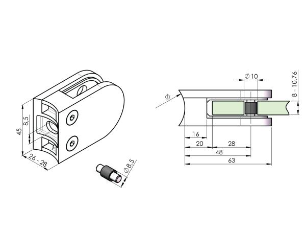 Geländerpfosten LINKS Endpfosten Ø42,4 Bauhöhe 1000mm mit Glasklemmen 63x45mm Geländer V2A geschliffen K320 Edelstahl