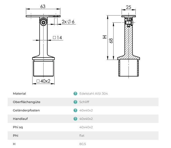 Handlaufstütze variabel für 40 x 40 x 2,0 mm mit Gelenk flach V2A, matt gebürstet