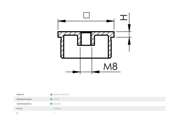 Edelstahl V2A Abdeckkappe quadratisch Endkappe 40x40x2,0 mm + M8 V2A matt gebürstet