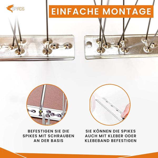 SPIRDS 10m (20x50 cm) Balkon-Taubenabwehr, Vogelabwehr zum Schutz von Blumenkasten Fensterbank, Taubenabwehr-Spikes 5-Reihig Rostfreier Stahl