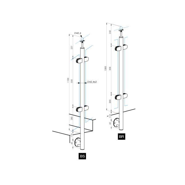 Geländerpfosten ECKE OUT Eckpfosten 90 Grad Ø42,4 Bauhöhe 1000mm mit 4x Glasklemmen 63x45mm vorgesetzt Geländer V2A Edelstahl