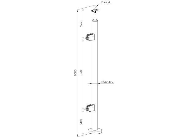 Geländerpfosten LINKS Endpfosten Ø42,4 Bauhöhe 1000mm mit Glasklemmen 63x45mm Geländer V2A geschliffen K320 Edelstahl