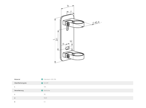 Edelstahl Wandanker Wandflansch Geländerpfosten 42,4x2 mm seitlich Pfostenhalter