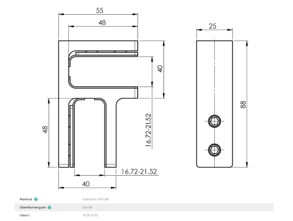 Edelstahl Glashalter Verbinder Gerade Winkel Ecke verstellbar 16,76-21 V4A V2A