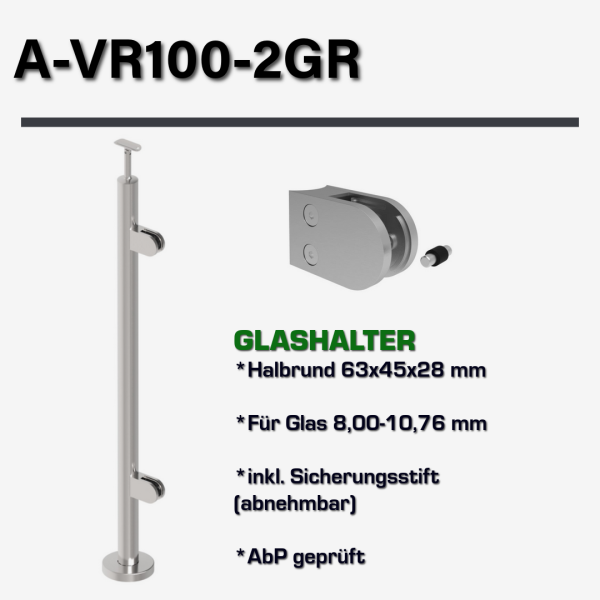 Geländerpfosten RECHTS Endpfosten Ø42,4 Bauhöhe 1000mm mit Glasklemmen 63x45mm Geländer V2A geschliffen K320 Edelstahl