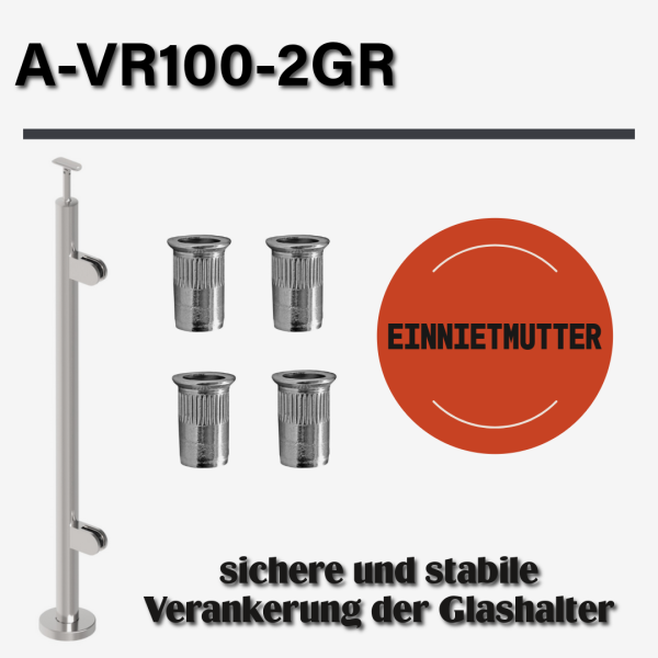 Geländerpfosten RECHTS Endpfosten Ø42,4 Bauhöhe 1000mm mit Glasklemmen 63x45mm Geländer V2A geschliffen K320 Edelstahl