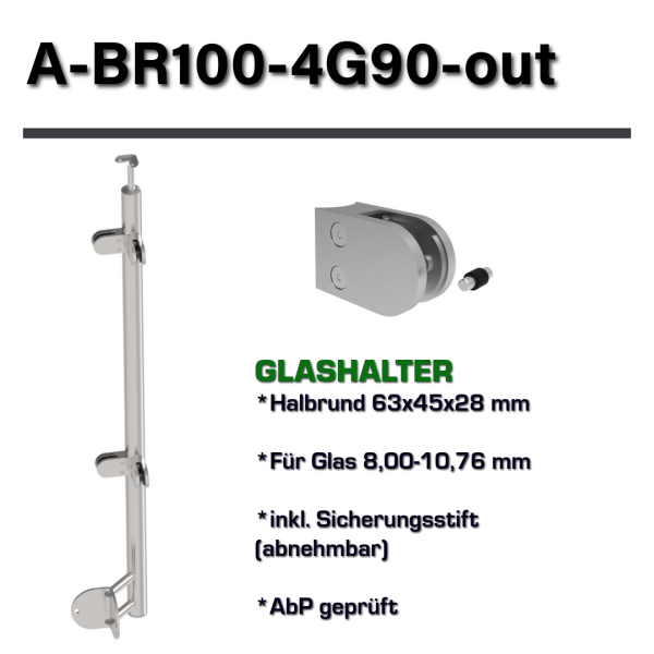 Geländerpfosten ECKE OUT Eckpfosten 90 Grad Ø42,4 Bauhöhe 1000mm mit 4x Glasklemmen 63x45mm vorgesetzt Geländer V2A Edelstahl