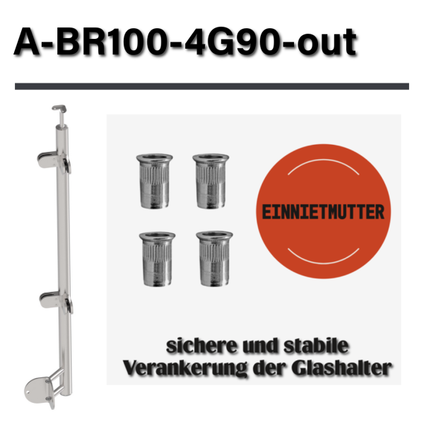 Geländerpfosten ECKE OUT Eckpfosten 90 Grad Ø42,4 Bauhöhe 1000mm mit 4x Glasklemmen 63x45mm vorgesetzt Geländer V2A Edelstahl